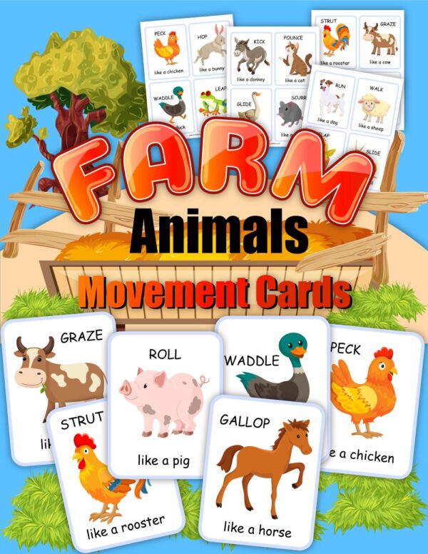 image of individual move like a farm animal card game for preschoolers as a carton with versions of the sheets to print as well as text reading Farm Animals Movement Cards