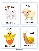 set of 4 move like a animal cards for preschoolers and eyfs printable movement card game