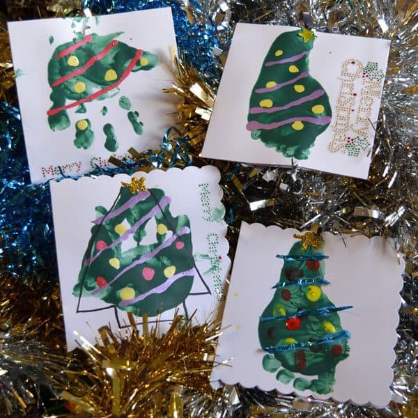 christmas tree hand print cards for babies and toddlers to make