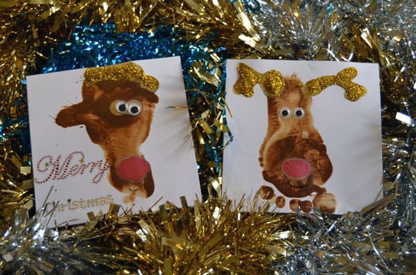 reindeer christmas cards from footprints for babies and toddlers to make