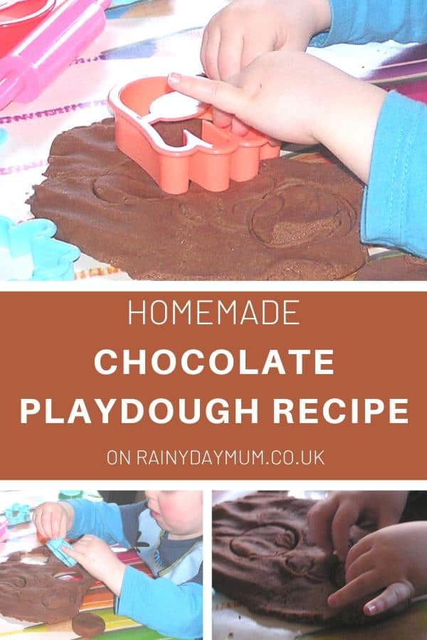 Pictures of a toddler playing pretend cookie making with a batch of homemade chocolate playdough