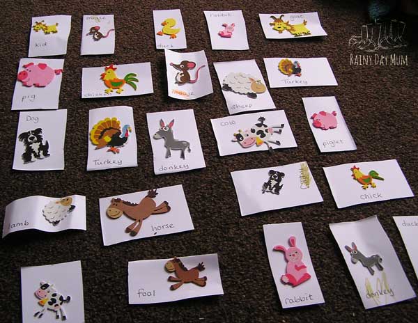 simple farm animal matching game made by mum and child using foam farm animal stickers