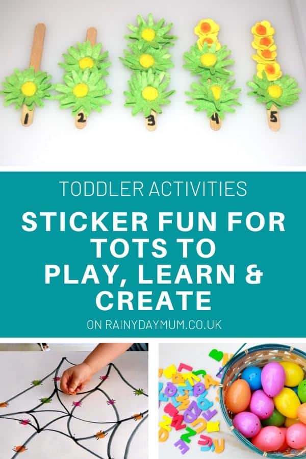 collage of sticker fun for tots to learn play and create (text overlay) with 3 activities, number stickers, spider match and egg letter hunt game