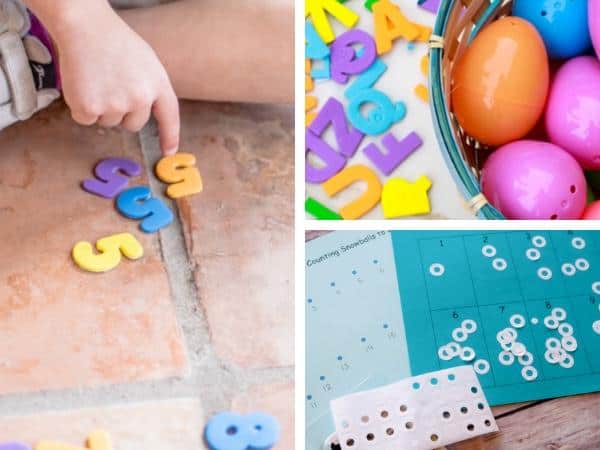 collage of 3 activities to learn with using stickers, number find and order, egg letter hunt and snowball sticker count
