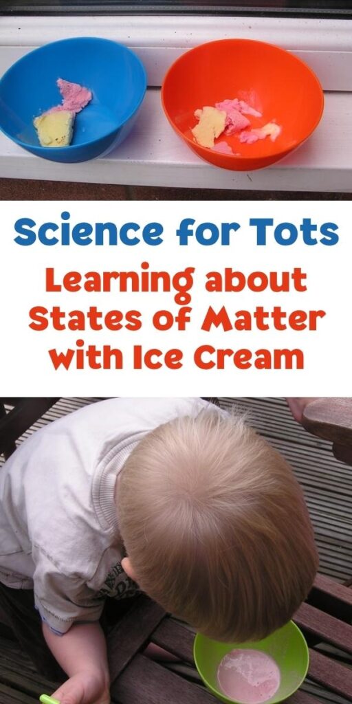 Pinterest Image for a Science Activity for toddlers and preschoolers to learn about states of matter with ice cream