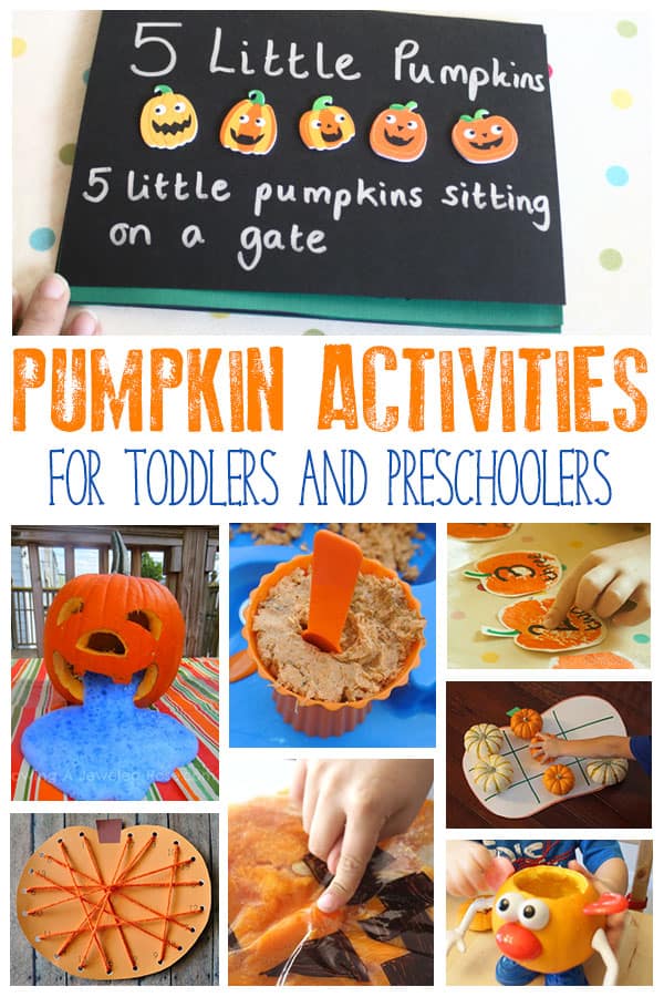 A pinterest collage for a set of Pumpkin Activities for Toddlers and Preschoolers highlighting some of the ideas. The top image shows a 5 Little Pumpkins Book created with stickers that preschoolers can make and read, below the text are sceince experiences, threading for fine moto skills, number lines and sensory activities and more.