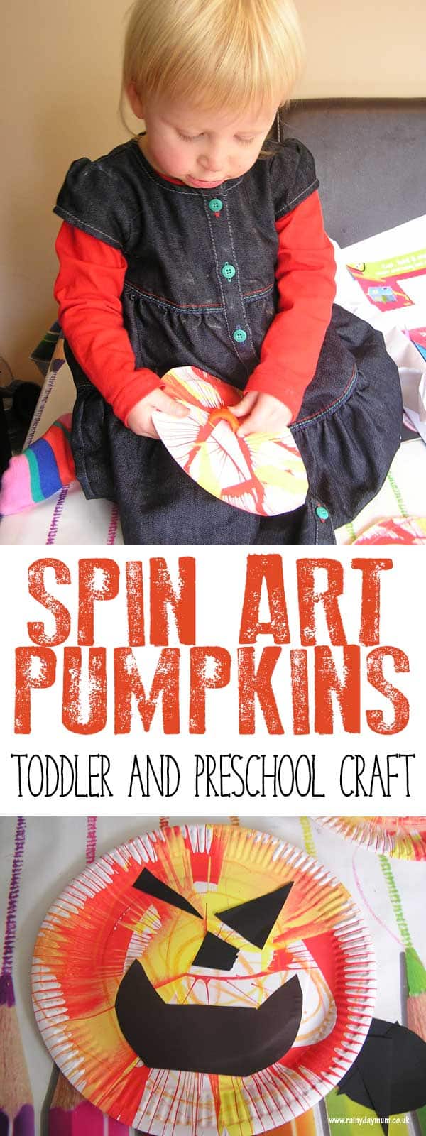 Long pinterest collage of spin art pumpkin toddler and preschool craft for Halloween