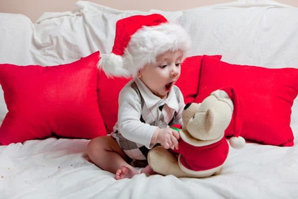 Baby with Christmas Teddy Bear a gift to treasure for Baby's First Christmas