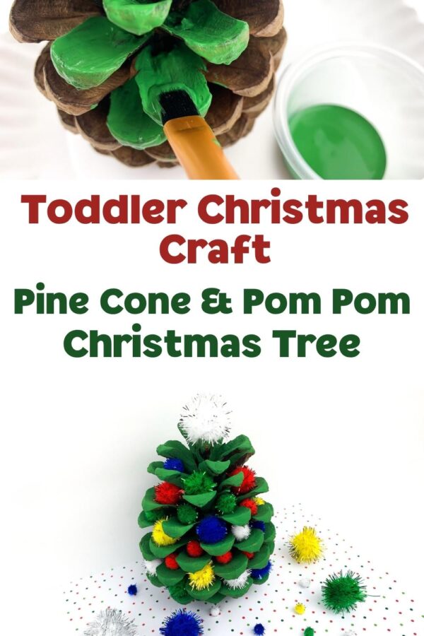 Pin Image for a Toddler Christmas Craft for a Pine Cone and Pom Pom Christmas Tree