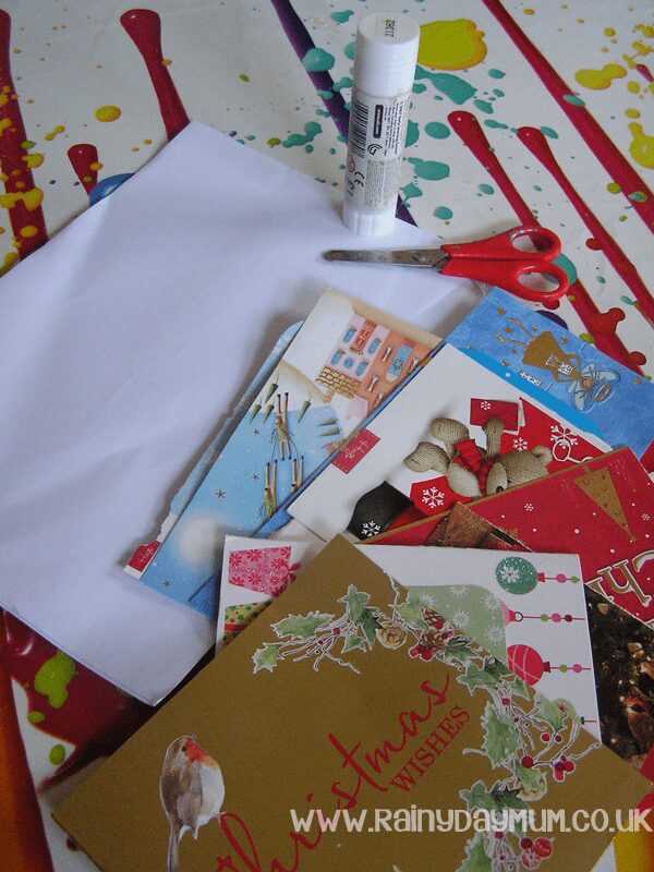 Materials needed to make recycled Christmas Cards with kids
