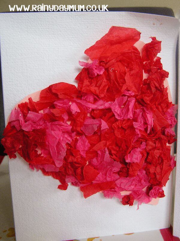 Valentines Craft for kids making a tissue paper heart card to send