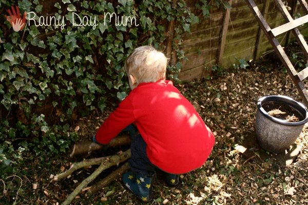 a child making a log pile house in the garden ahead of the cold so that animals that hibernate in winter have a home to come to
