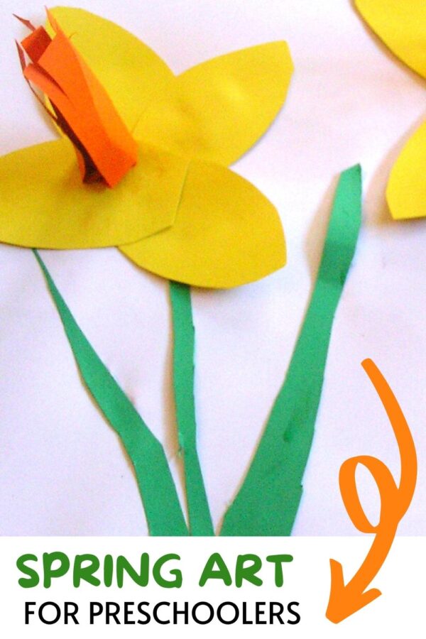 Pinterest image of spring art project for preschoolers a 3D daffodil