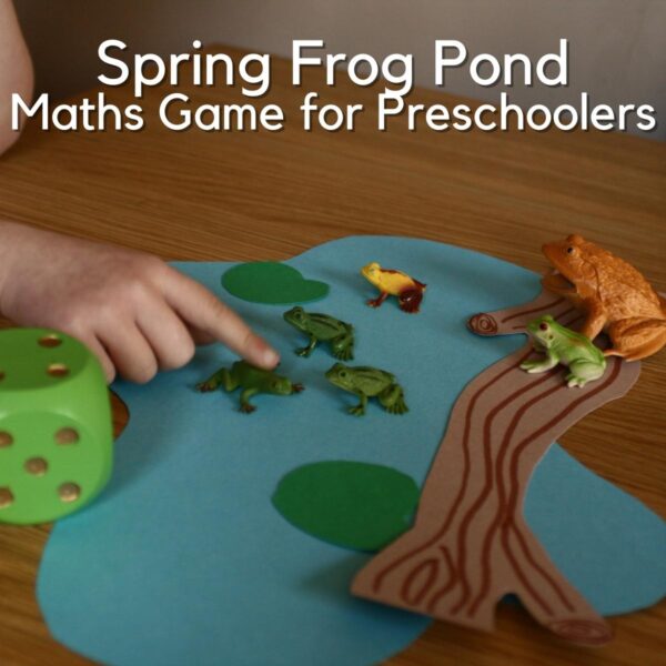 child's hand pointing at toy frogs on a paper pond with a dice beside text above reads Spring Frog Pond Maths Game for Preschoolers