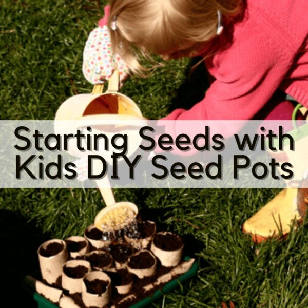 child watering a tray with cardboard tub seed pots in filled with compost on the lawn text overlay reading Starting seeds with kids DIY Seed Pots