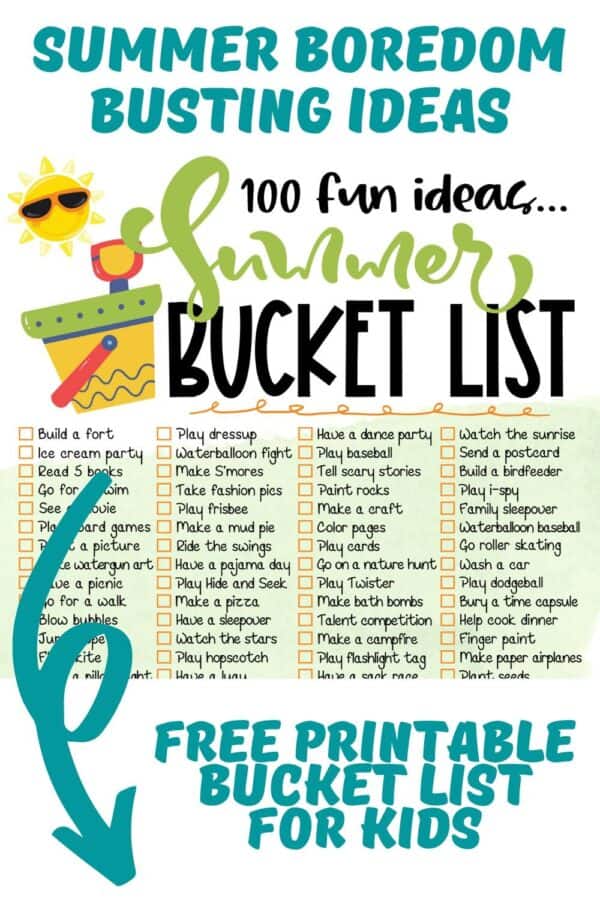 close up of the first set of activities in a summer bucket list text reads summer boredom busting ideas free printable bucket list for kids