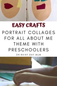 collage of images from a preschooler creating portraits text in between images reads Easy crafts Portrait Collages for All About Me Theme with Preschoolers