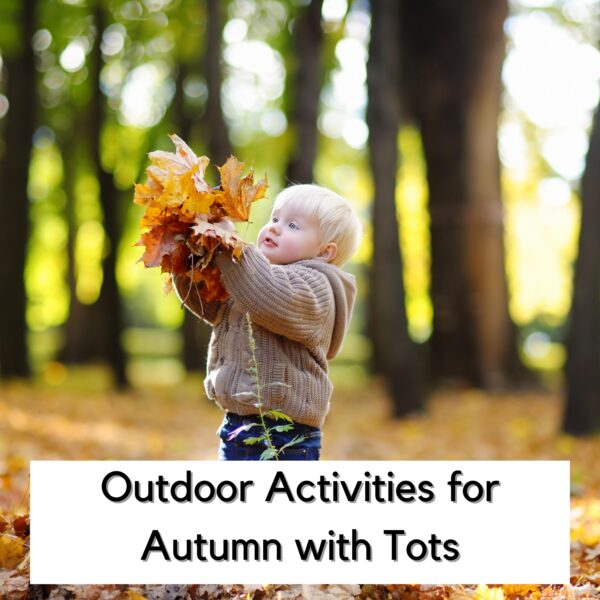 toddler holding a bunch of colourful autumn leaves in the forest text overlay reads Outdoor Activities for Autumn with Tots