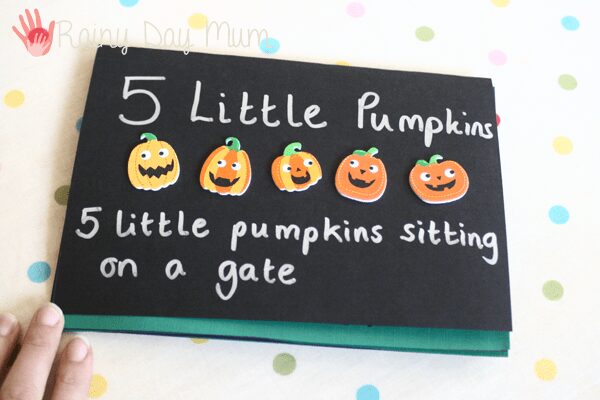 Child and adult made book to go along with the counting rhyme 5 Little Pumpkins using stickers