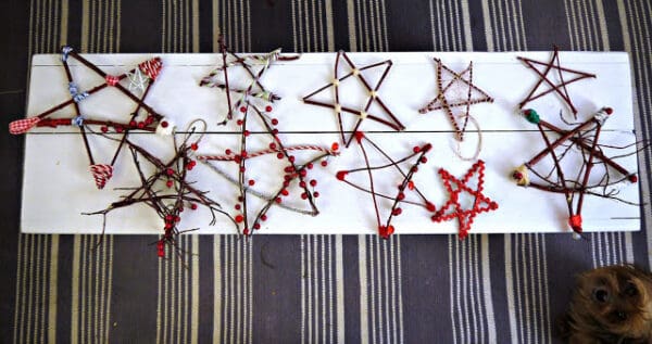 stars made with twigs laid out ready to decorate the home with natural materials for Christmas
