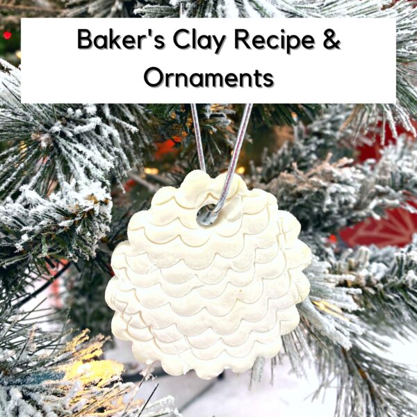 a bright white homemade christmas tree ornament made from a homemade cornflour clay hanging on a christmas tree. Text reads Baker's Clay recipe and ornaments