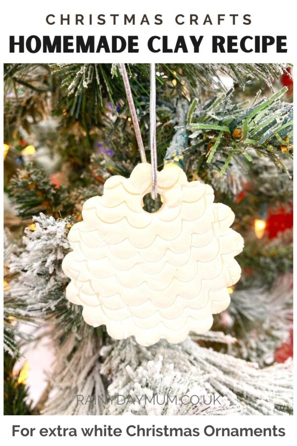 Pinnable image for Christmas Crafts with a homemade clay recipe for extra white Christmas ornaments the decoration is hanging from the Christmas tree