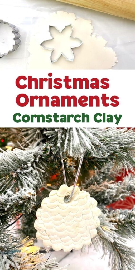 Pinterest collage of Christmas Ornaments made from Cornstarch clay which can be made at home on the stove