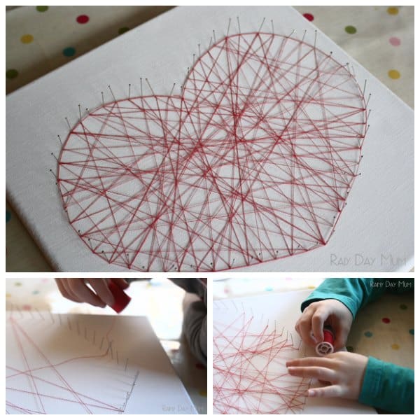 A simplified version of the amazing String Art Hearts you see on Pinterest that even small children can help make or you can make as a family.