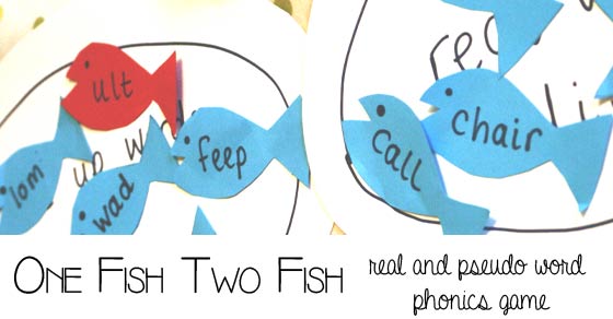 One Fish Two Fish - real and pseudo word phonics game - practice reading letters and blends and determine whether a word is a real word or a fake or pseudo word based on the book One Fish Two Fish Red Fish Blue Fish by Dr Seuss