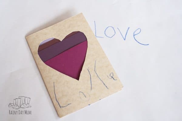 preschooler valentines card with attempt at copying letters
