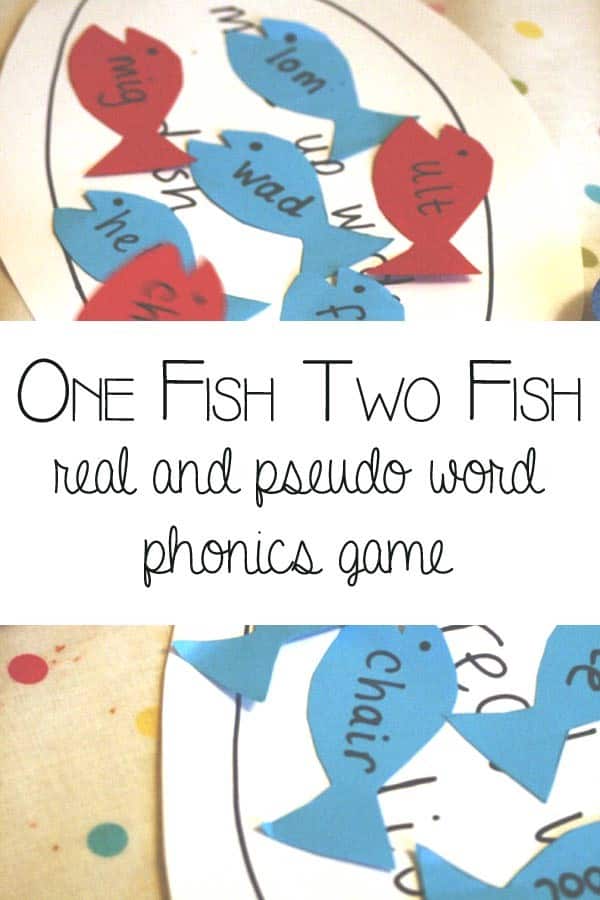 One Fish Two Fish - real and pseudo word phonics game - practice reading letters and blends and determine whether a word is a real word or a fake or pseudo word based on the book One Fish Two Fish Red Fish Blue Fish by Dr Seuss