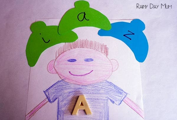 Upper and lower case letter matching hats activity for young children
