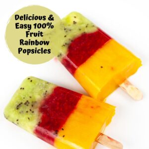 rainbow fruit popsicles on a white background with the text on a green circle delicious and easy 100% fruit Rainbow Popsicles