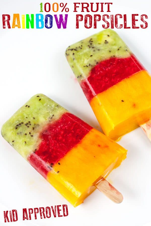 2 rainbow 100% fruit icepops, a laywer of kiwi, raspberry and mango text reads 100% fruit rainbow popsicles