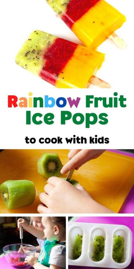 collage of the making of the rainbow popsicles with text in bright rainbow colours rainbow fruit ice pops to cook with kids