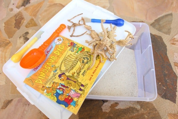 Dig for dinosaurs whilst reading The Berenstain Bears' Dinosaur Dig a simple and easy to set up play for young kids