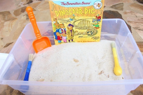 Dig for dinosaurs whilst reading The Berenstain Bears' Dinosaur Dig a simple and easy to set up play for young kids