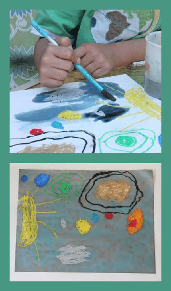 Outer space art project for kids, simple art techniques to produce a solar system picture based on The Magic School Bus: Lost in the Solar System Book