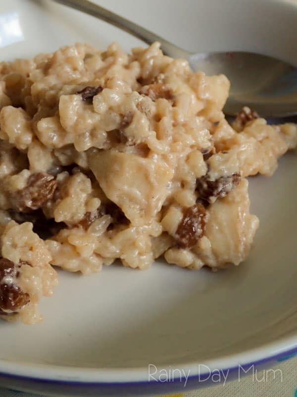Crockpot apple, cinnamon and sultana rice pudding recipe. An ideal comfort food recipe for fall and winter.
