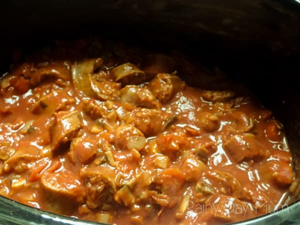 Warming crockpot recipe for Italian Spicy Sausage Casserole ideal for comfort food this fall