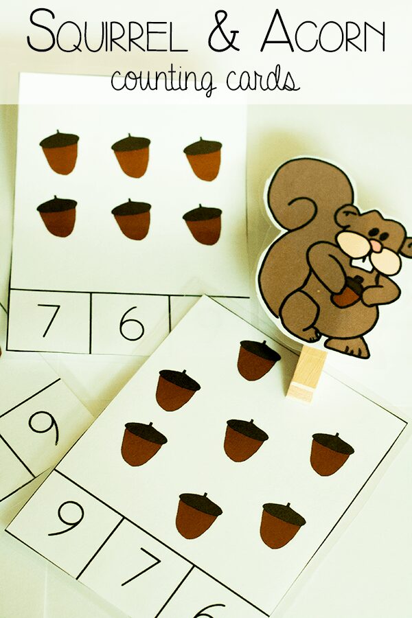 Squirrel and Acorn Counting Clip Cards - match how many acorns the squirrel has collected with the right number and work on number recognition, motor skills and 1 to 1 correspondence counting.
