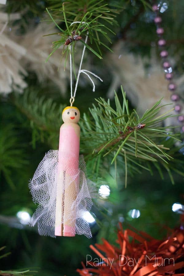 Simple nutcracker ornament to make with kids for the Christmas Tree a Sugar Plum Fairy Peg Doll