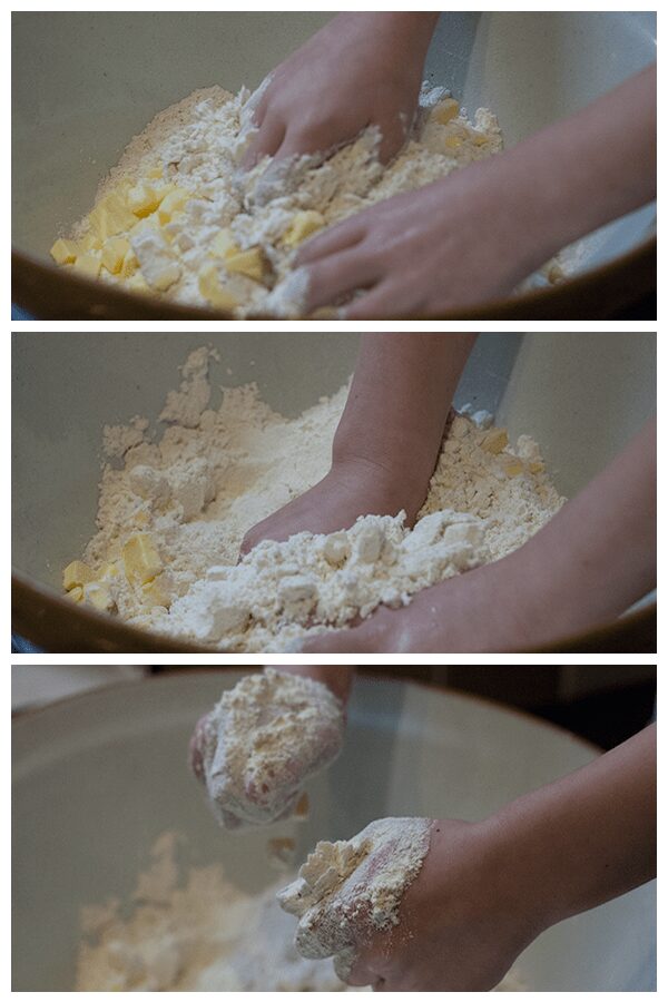 mixing up flour and butter to make snowflake cookies