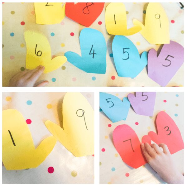 DIY math game for early years ideal for winter or to accompany the book The Mitten by Jan Brett. Working on Numbers Bonds match the pair of mittens left and right hand to make the number bonds.