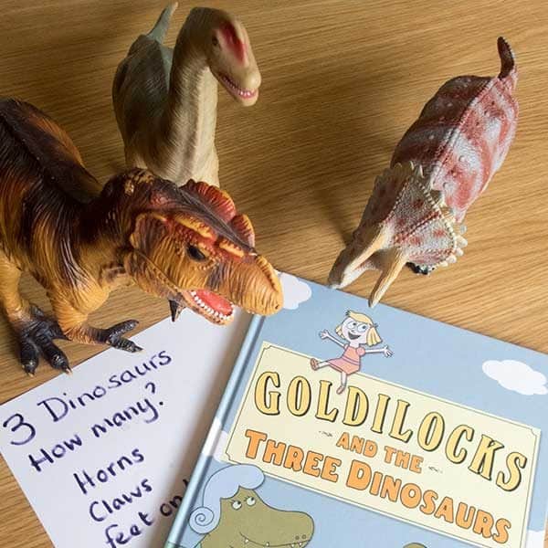 Ideas for quick and easy questions to as for some preschool Dinosaur Maths ideal when playing with children at home or in a classroom setting.