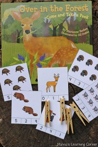 Over in the Forest Counting Clip Cards - Free Download of the clip cards to print and use. A perfect fine motor and math activity for preschoolers.