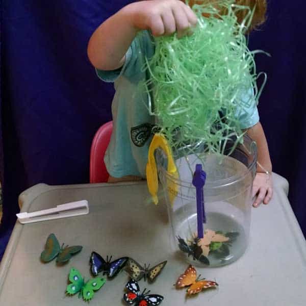 Simple Bug themed sensory bin ideal for toddlers and preschoolers to work on fine motor skills as well as a little bug exploring at the same time.
