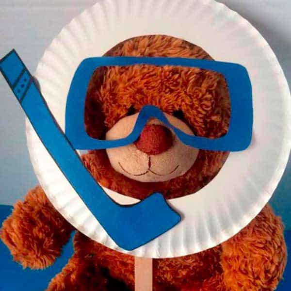 teddy bear wearing a pretend scuba mask and snorkle made from a paper plate