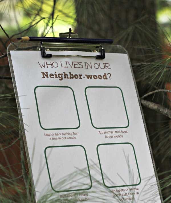 forest scavenger activity sheet on a clipboard to complete on a woodland walk with toddlers