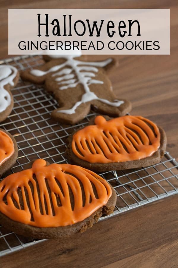 pinterest image with text reading Halloween Gingerbread cookies of a set of simple kid made gingerbread cookies for Halloween pumpkins and little gingerbread men skeletons